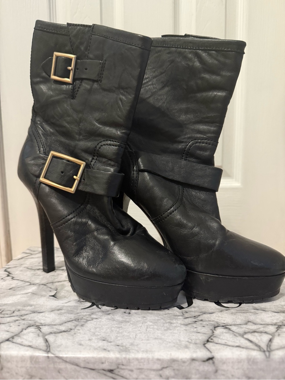 Jimmy Choo Black Leather Platform Moto Buckle Ankle Booties
